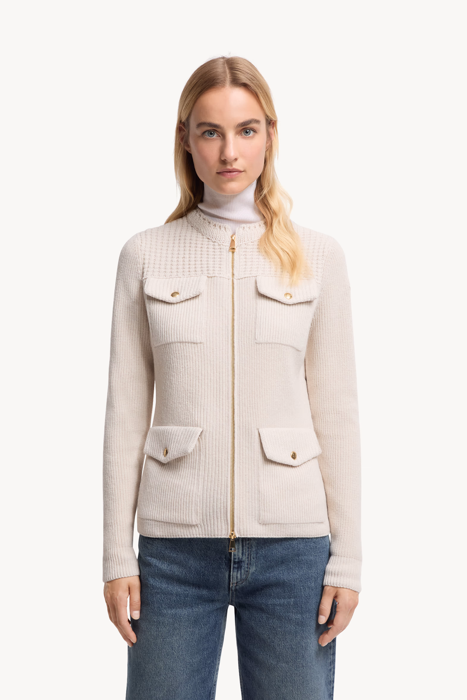 Cardigan zippé matelassé en laine Femmes Blanc Moncler 3